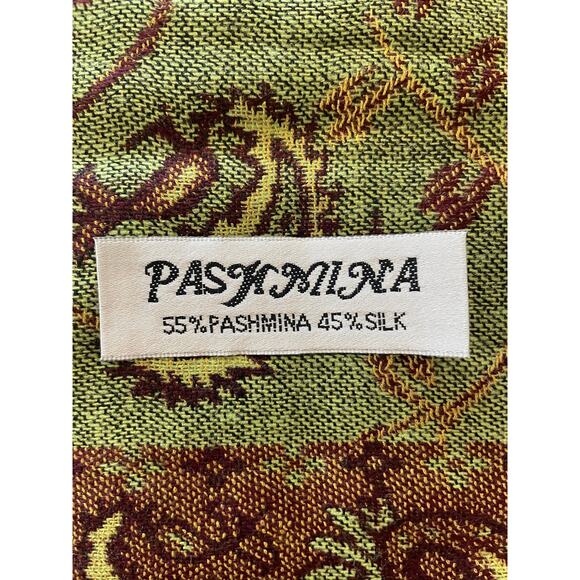 New Pashmina Womens Scarf 55% Pashmina 45% SIlk Green Brown Paisley 73 in long - Picture 2 of 5